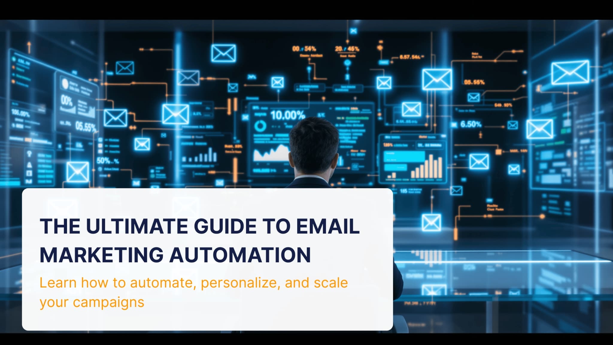 Digital marketer using email marketing automation dashboard at night