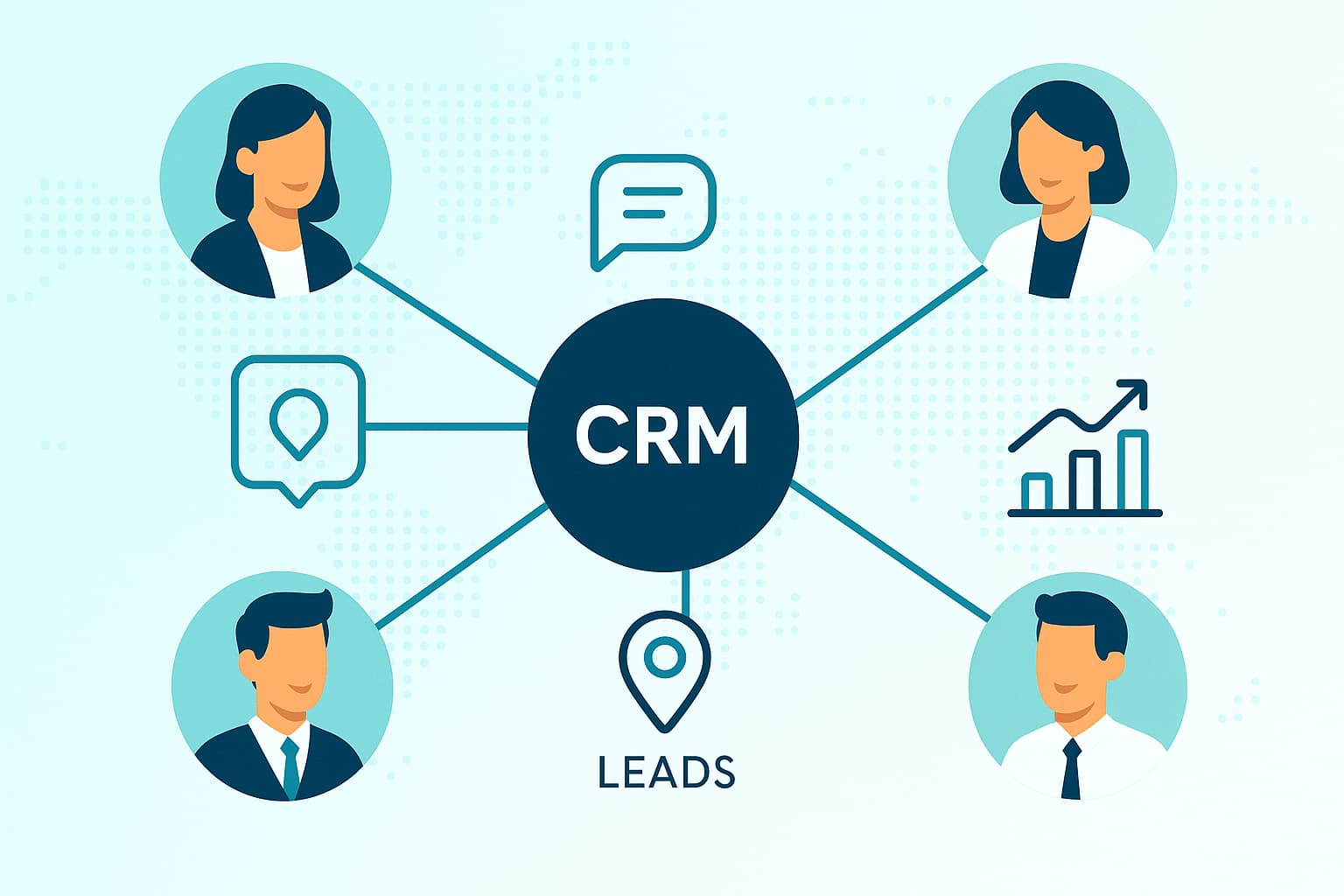 Vector infographic showing franchise managers connected through Pulse CRM network