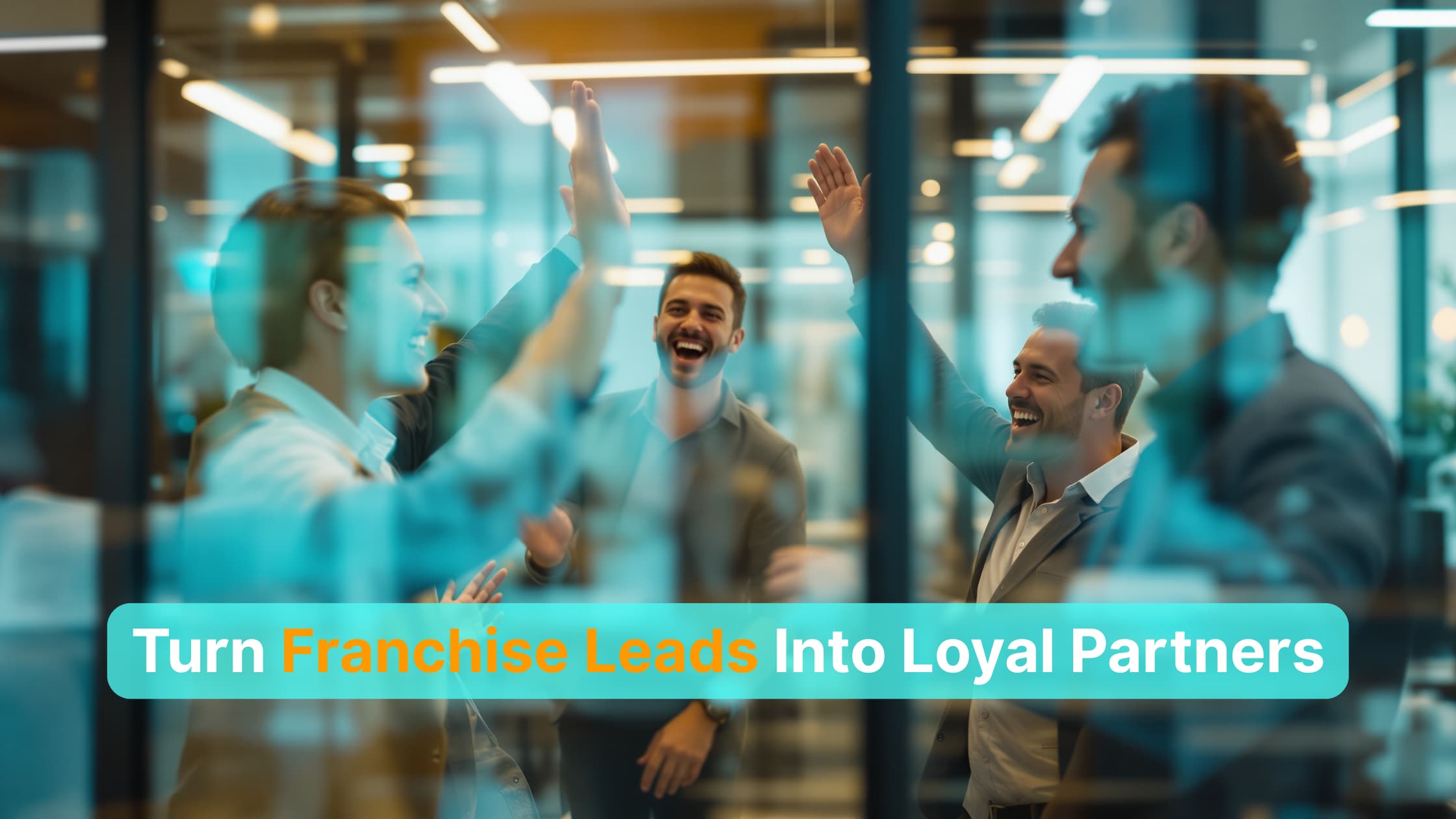 Franchise sales team celebrating growth with Pulse CRM performance dashboard on screen