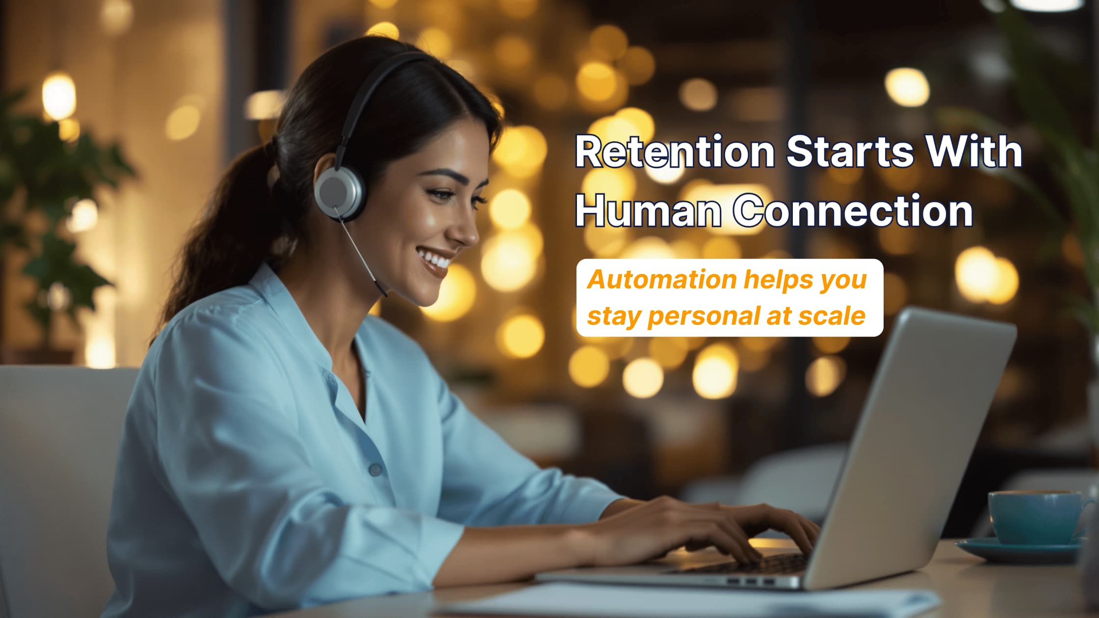 Customer support agent smiling while sending personalized messages to strengthen customer retention