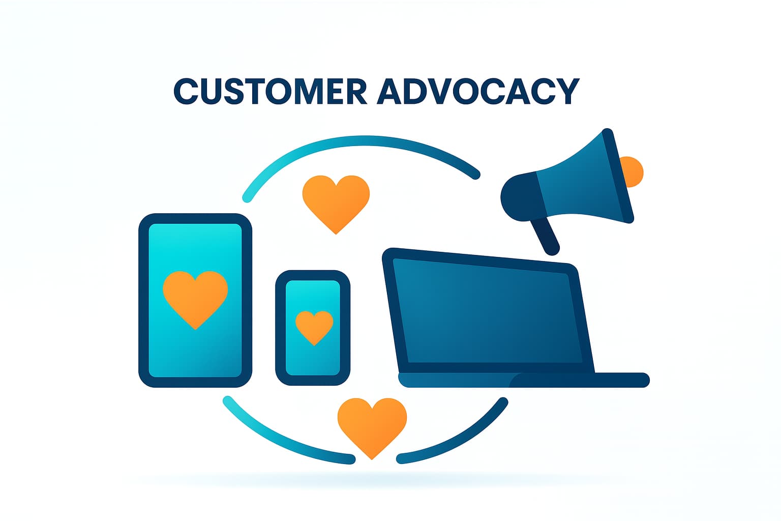 Flat illustration of connected devices with hearts and megaphone icons symbolizing customer advocacy and referrals