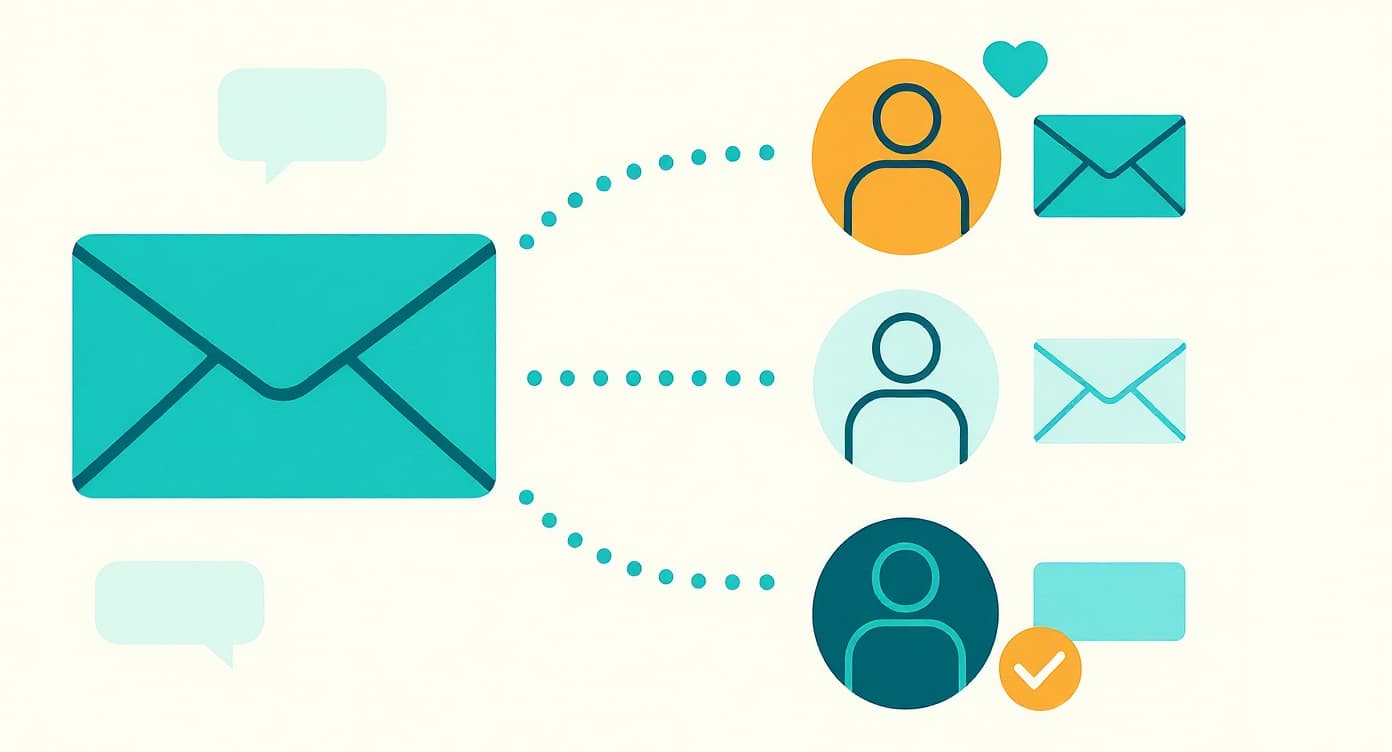 Illustration of automated email sequence showing messages flowing to multiple recipients, symbolizing lead nurturing