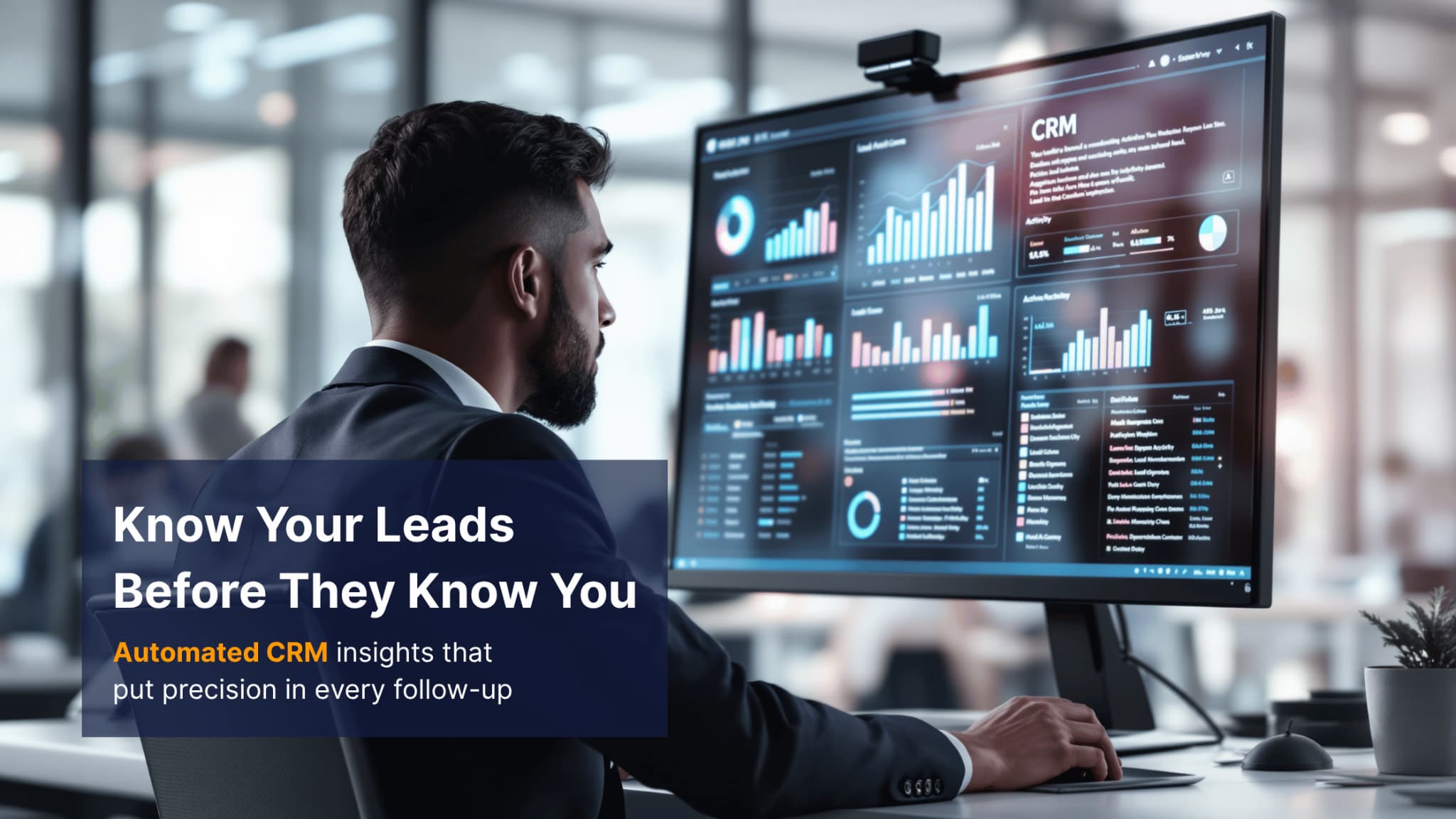 Marketer reviewing CRM analytics and automated lead scoring dashboard