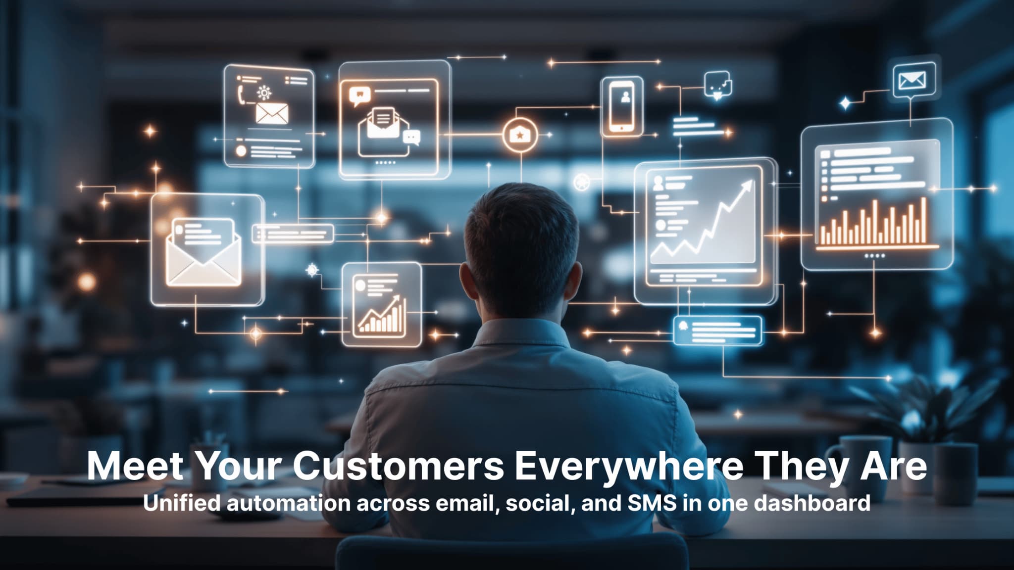Professional viewing unified automation system connecting email, SMS, and social media