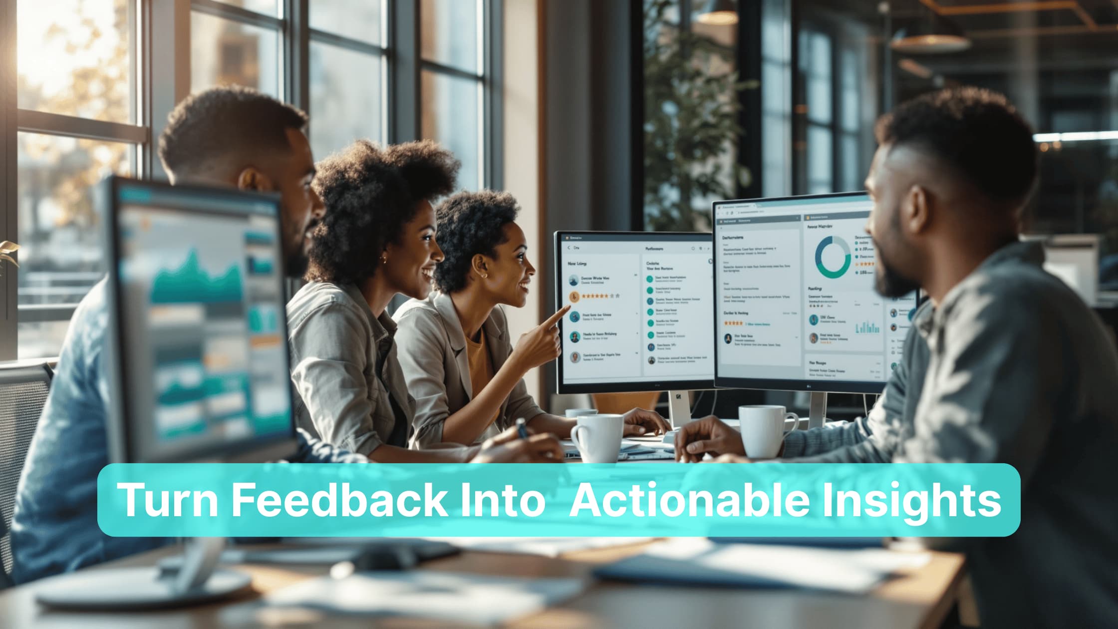 A diverse marketing team analyzing customer reviews and sentiment data on computer screens