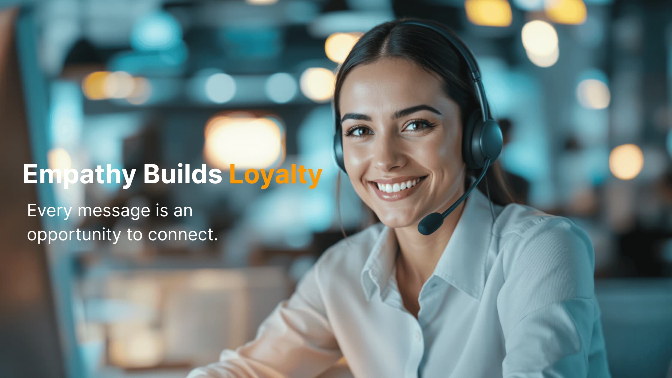 Smiling customer support agent engaging empathetically with a client in a modern workspace