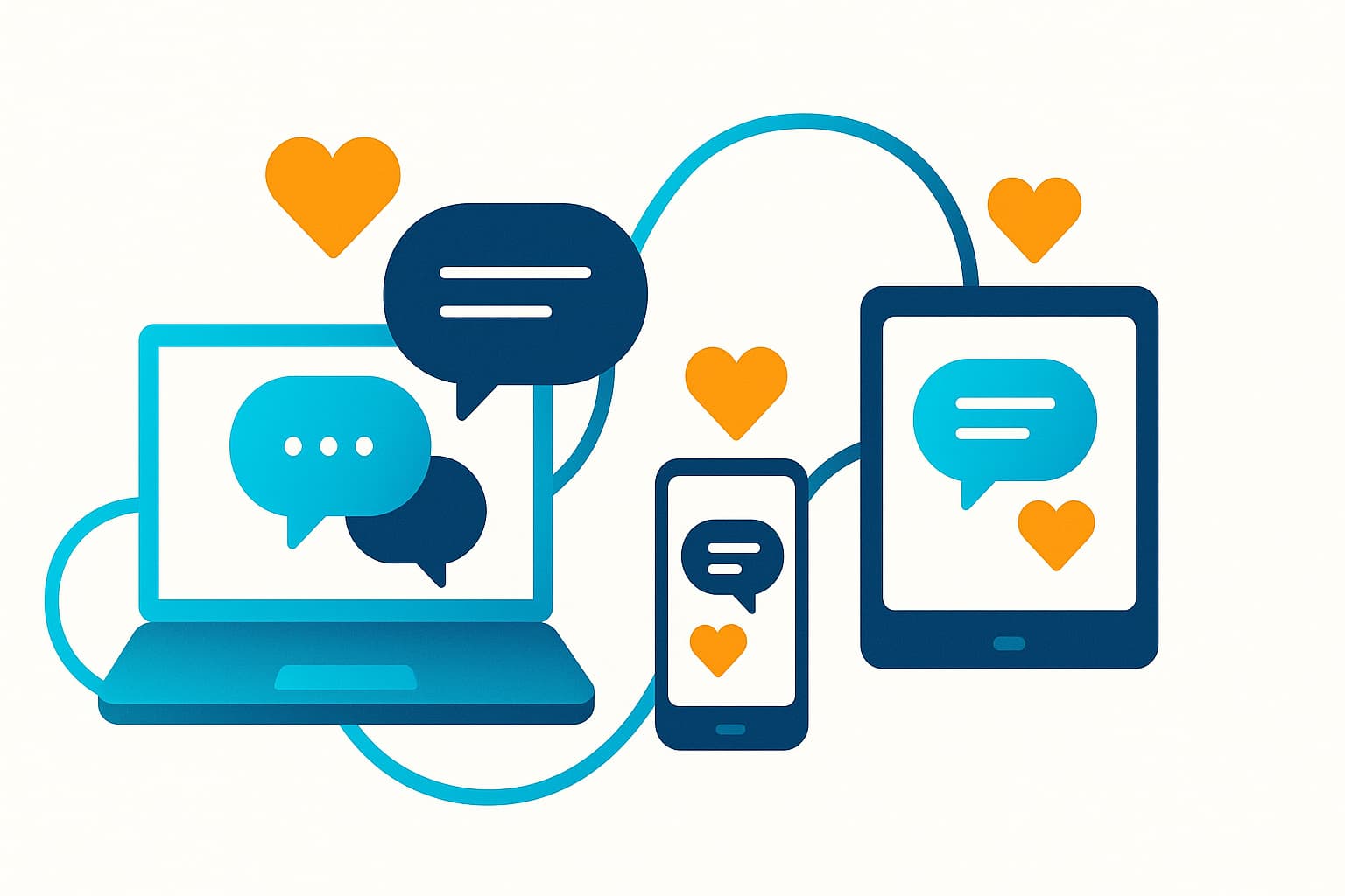 Flat illustration of laptop, phone, and tablet connected by lines and heart icons symbolizing empathy