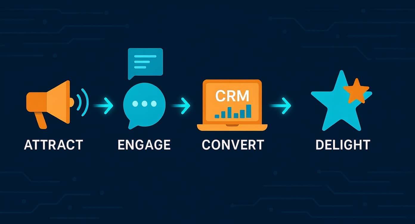 Workflow diagram showing inbound marketing automation path from lead to customer