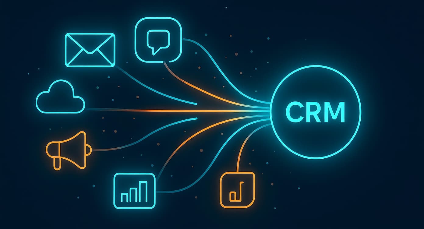 Marketing channels and automation tools connecting into a central CRM hub