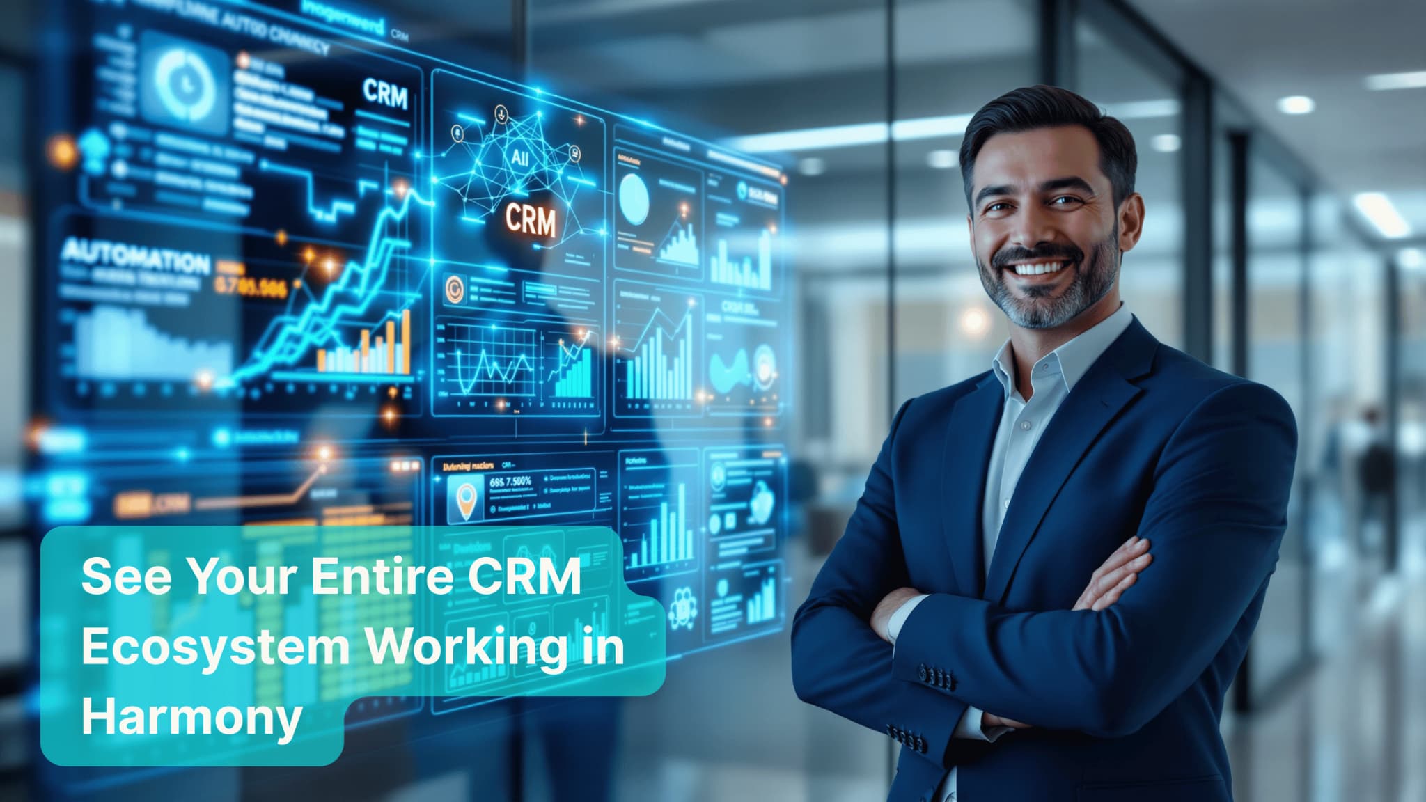 Professional reviewing CRM performance analytics and unified dashboard visualization
