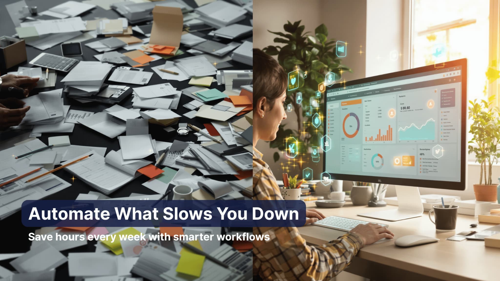 Split-scene showing manual chaos vs. automation clarity