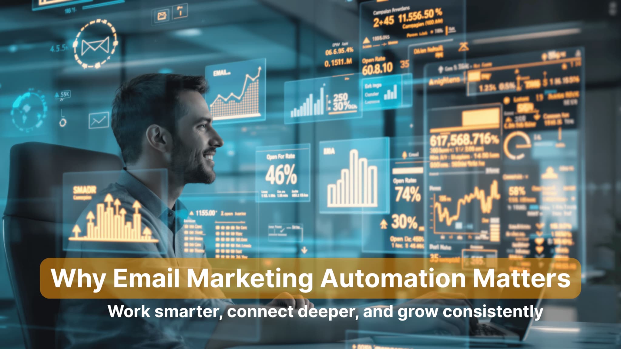 Marketer analyzing real-time email automation performance metrics on glowing digital dashboards
