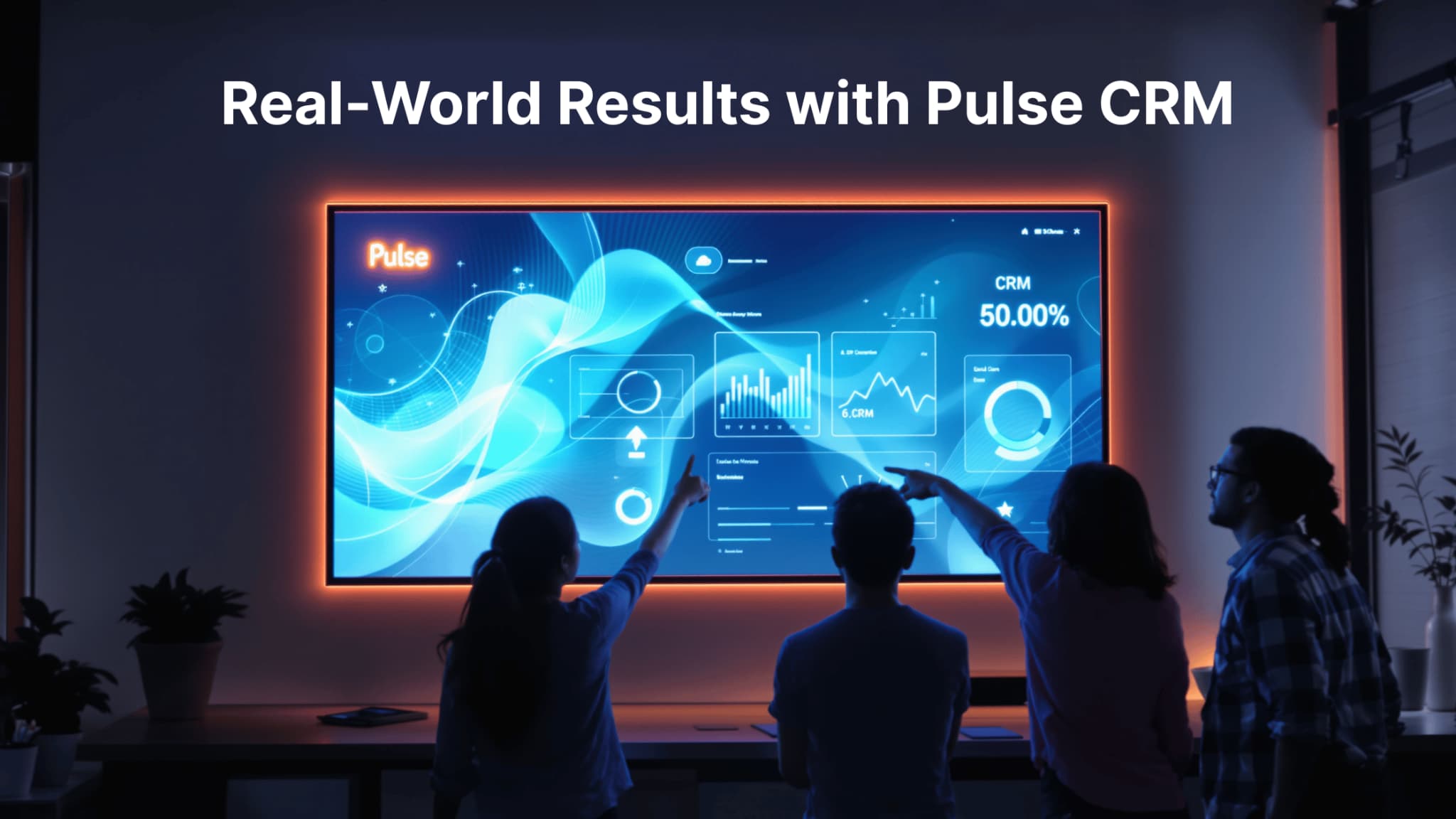Marketing team analyzing automation results on a glowing Pulse CRM dashboard in a cinematic office setting