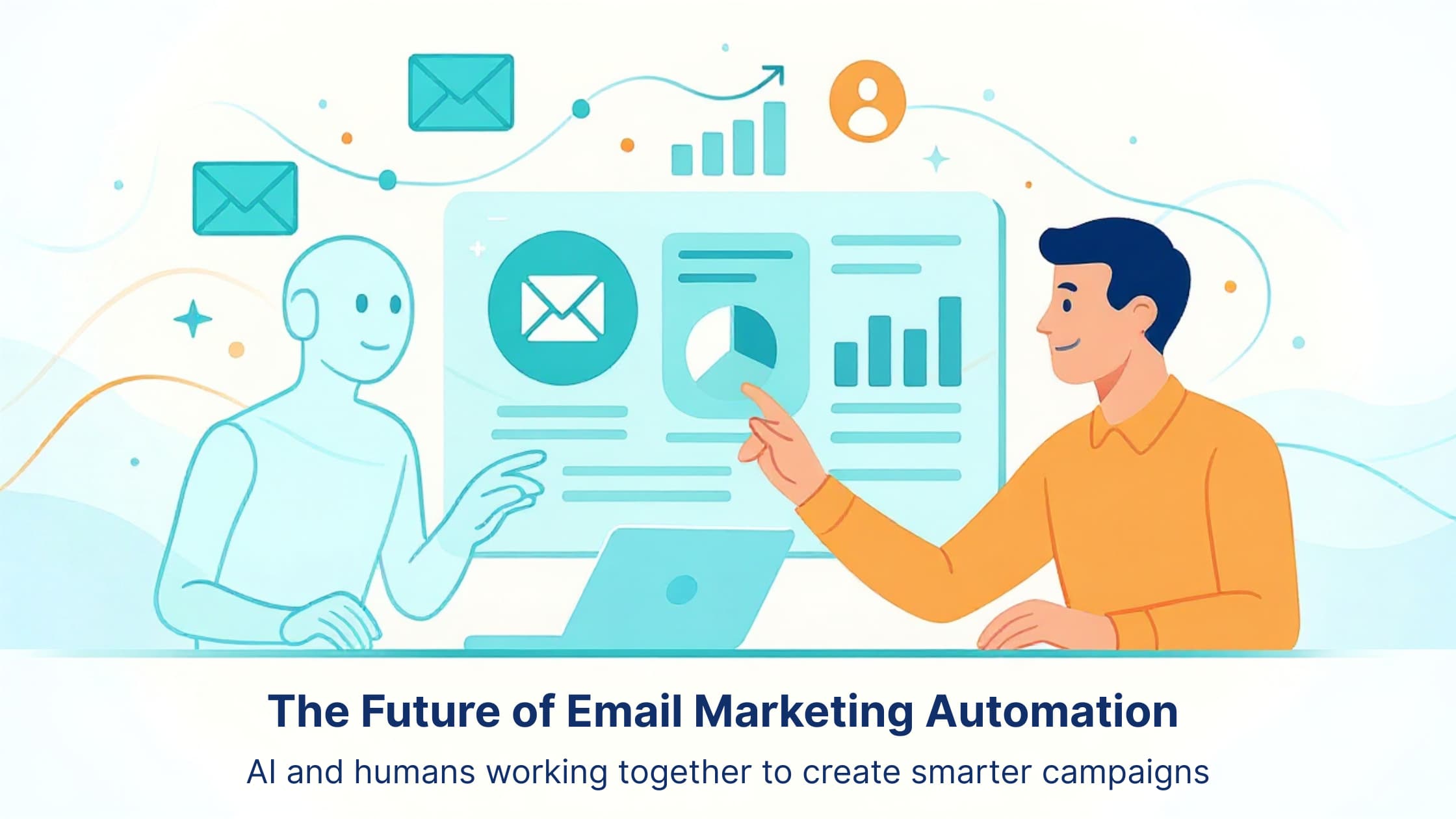 Vector illustration showing a marketer and AI assistant collaborating on email marketing automation dashboards