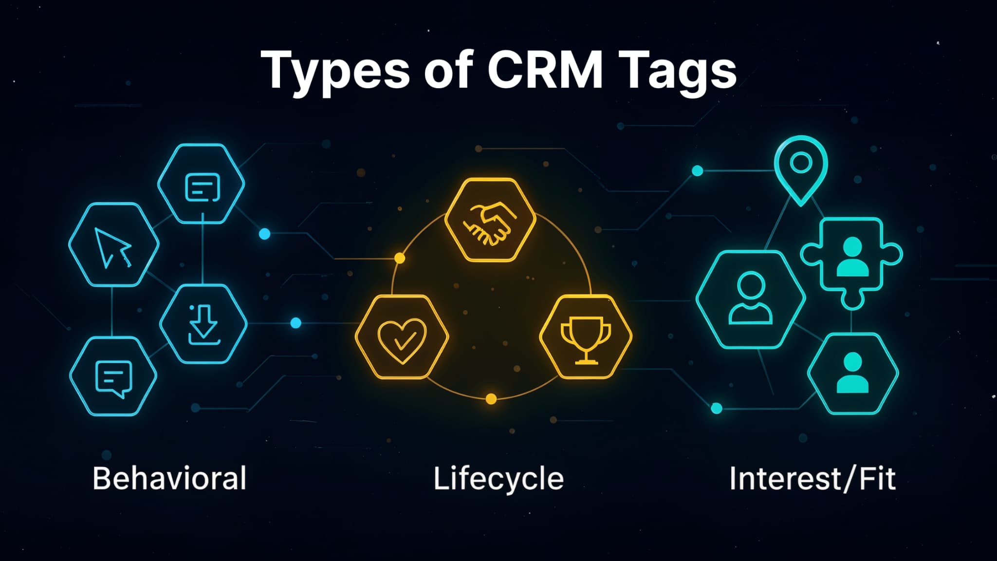 Infographic showing behavioral, lifecycle, and interest CRM tags