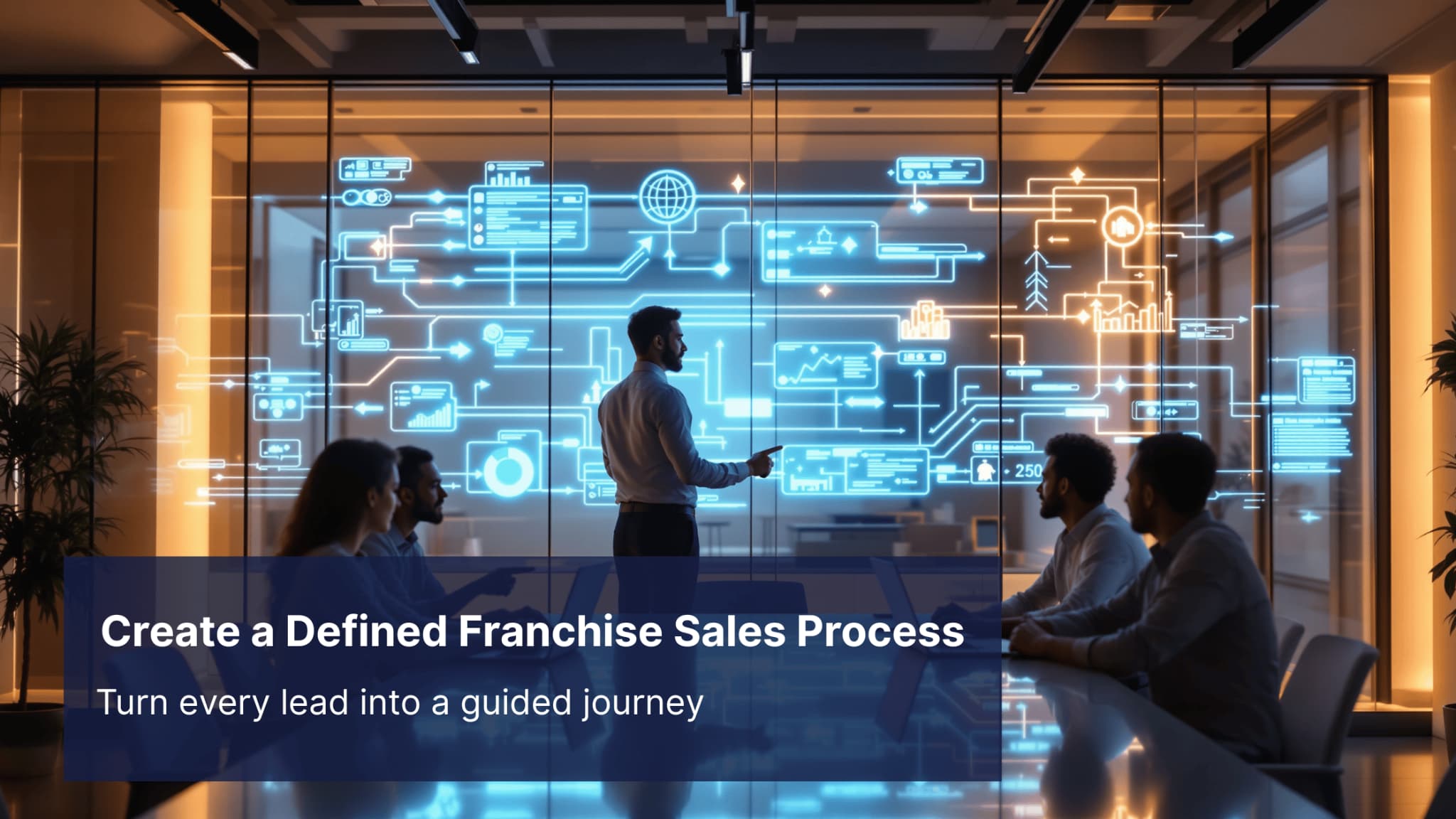 Franchisor team reviewing a structured sales process diagram on a digital board to improve pipeline consistency