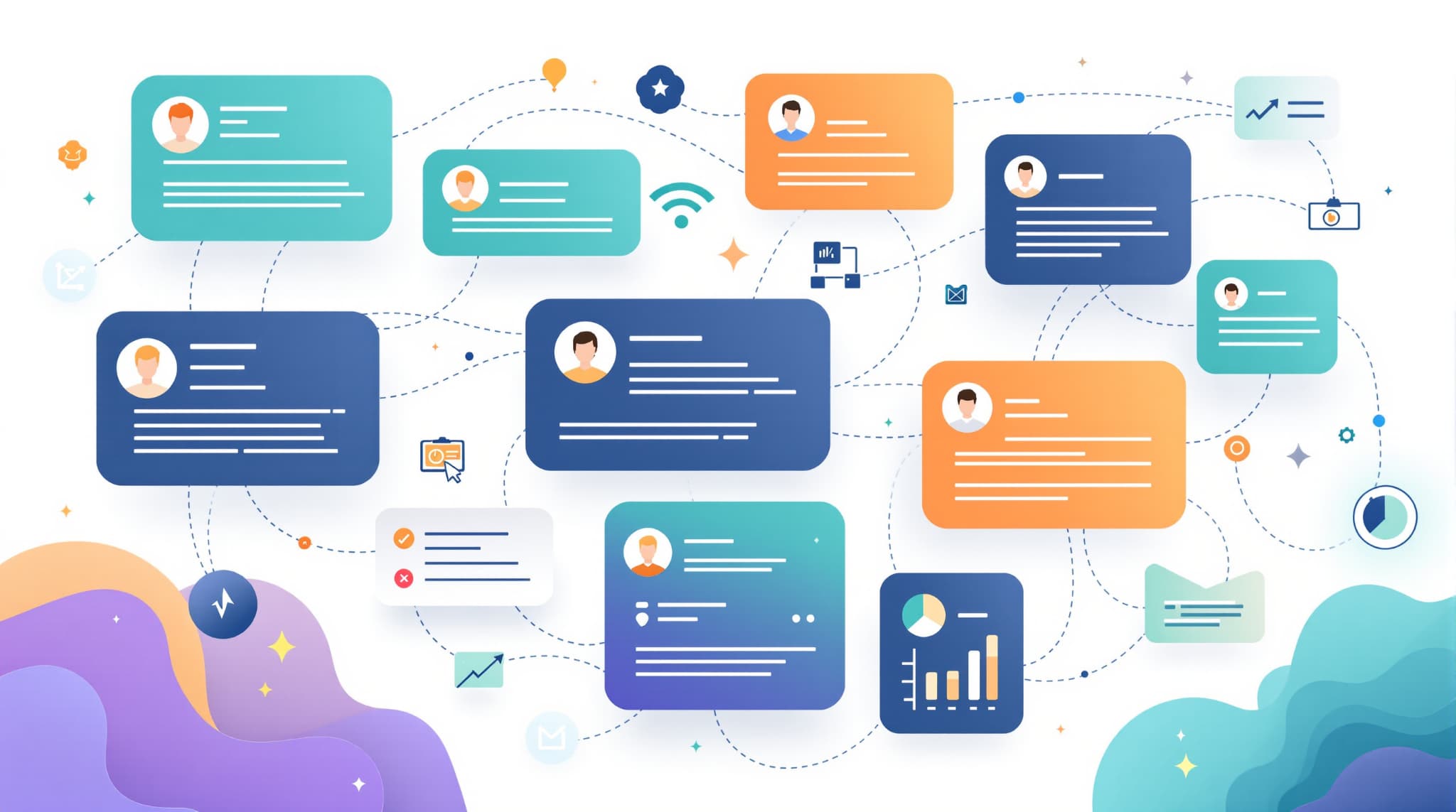 Illustrated CRM automation dashboard showing connected customer profiles and follow-up reminders