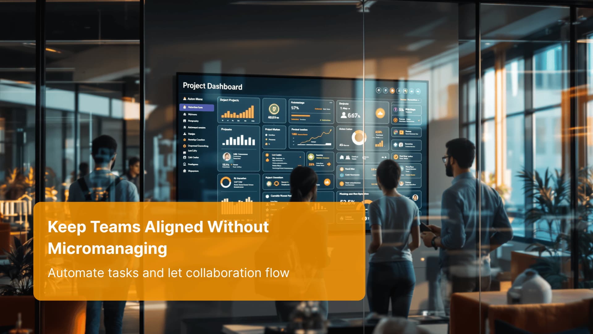 Cinematic image of a small business team collaborating with an automated project tracking dashboard