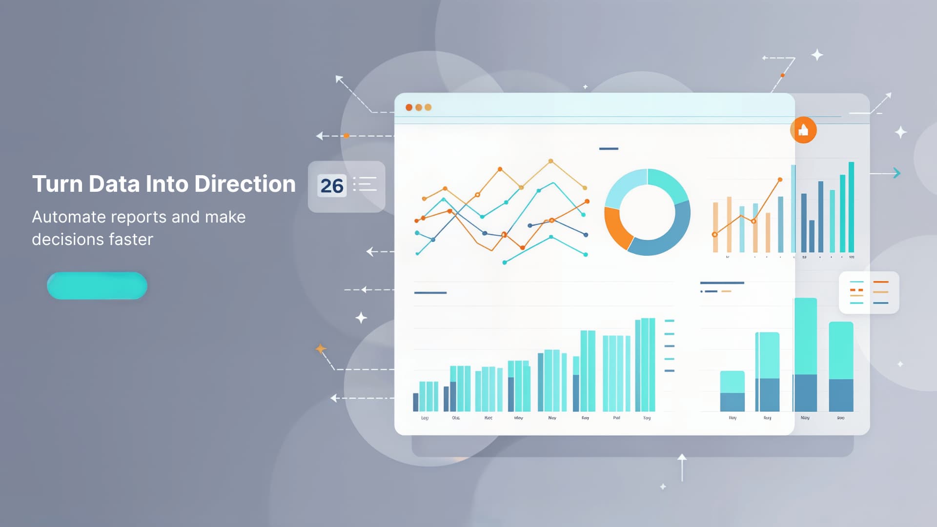 Illustrated reporting automation dashboard showing automated charts and analytics visuals
