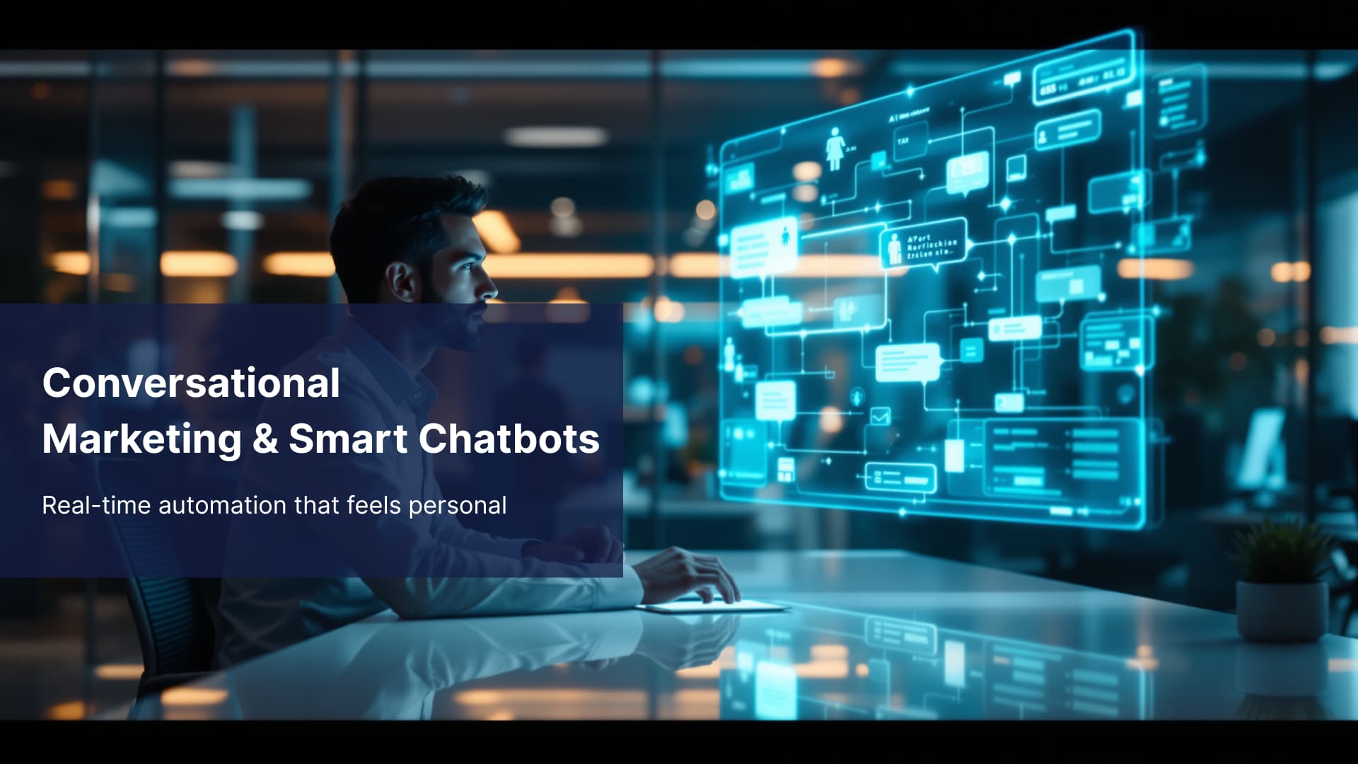 Person interacting with a holographic AI chatbot interface in a modern office, symbolizing conversational marketing automation