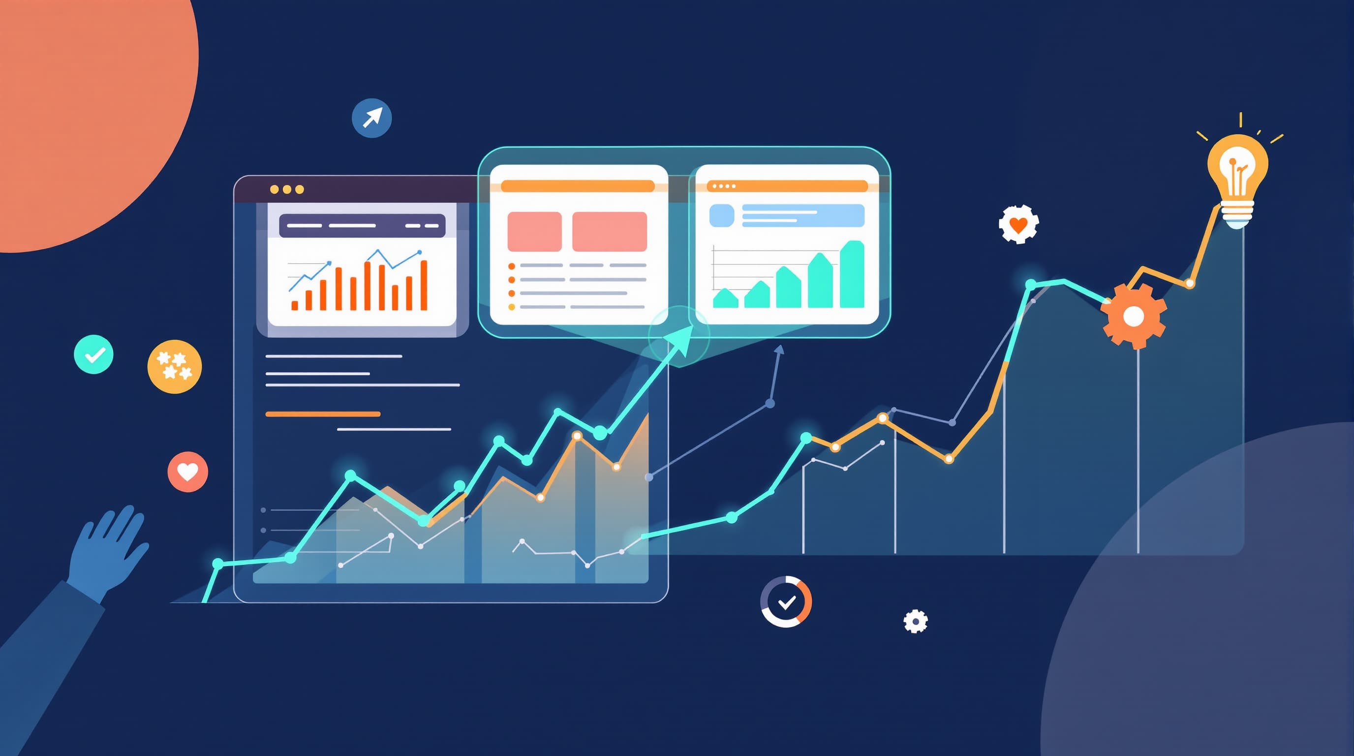 Illustration showing continuous marketing automation experiments, A/B testing, and adaptive data growth charts