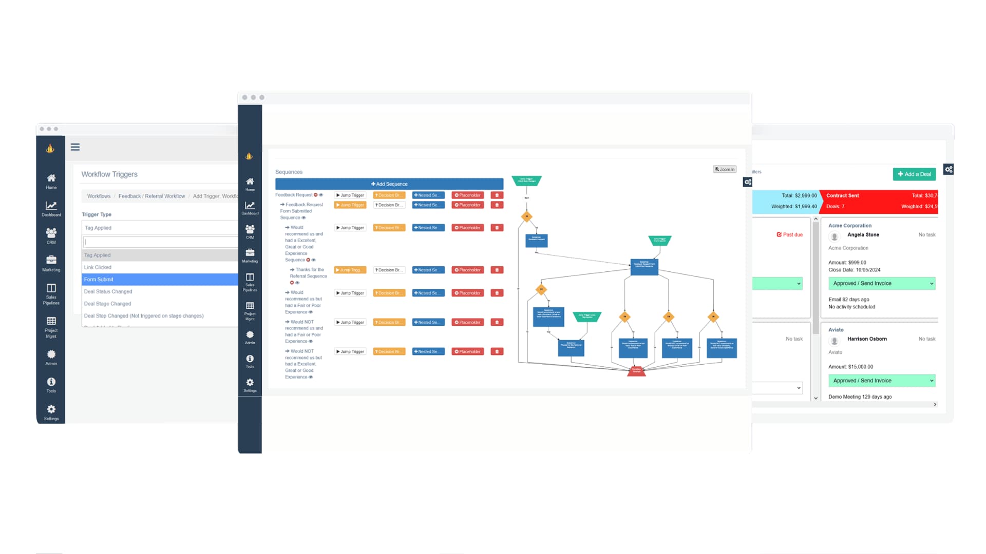 Screenshot of Pulse CRM workflow automation showing nurture email sequence for lead generation