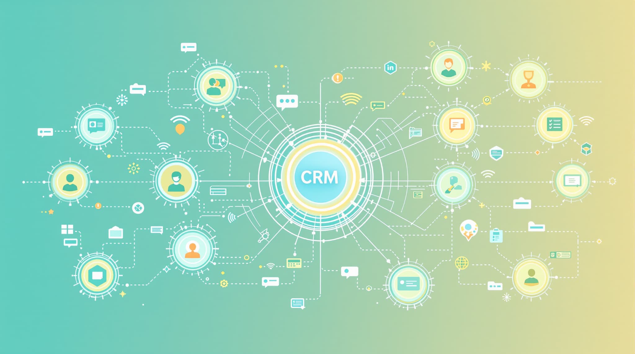 Flat illustration of CRM hub connecting franchisors and franchisees for communication
