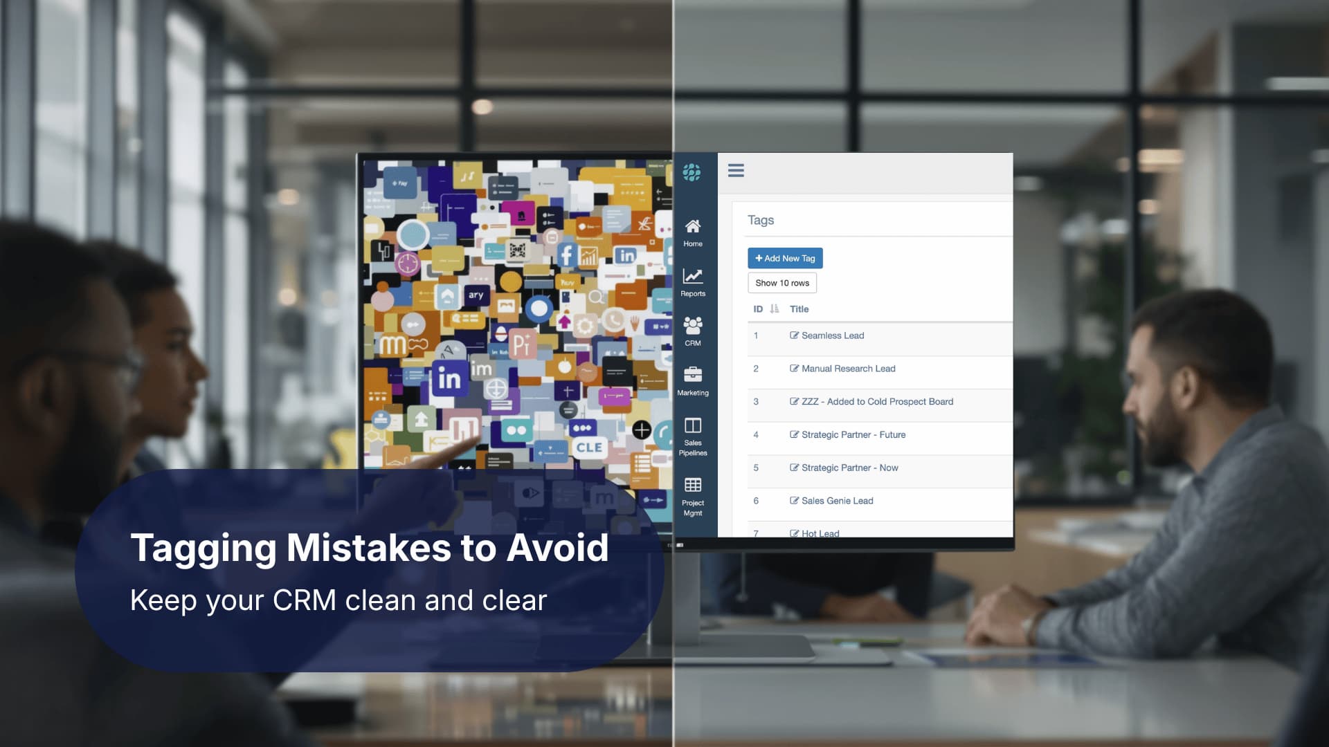 Image showing common CRM tagging mistakes contrasted with a clean system