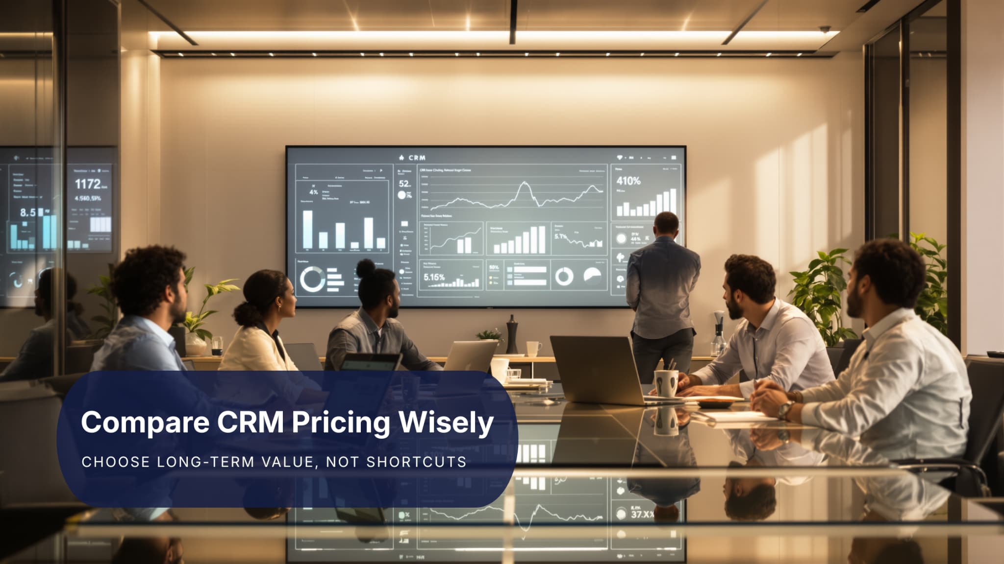 Team analyzing CRM pricing to evaluate cost of CRM for franchise