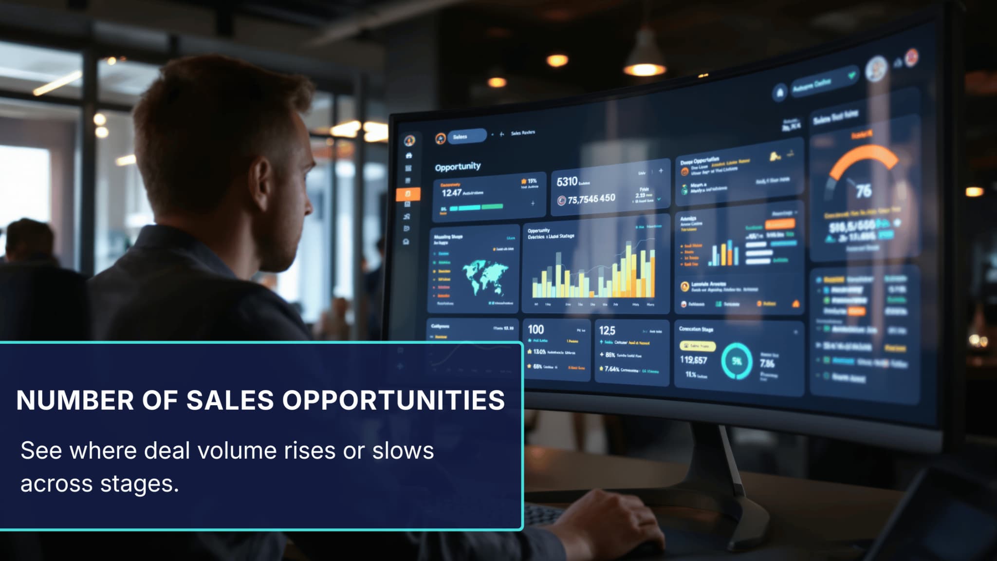 Cinematic visual of CRM dashboard showing number of sales opportunities in a pipeline