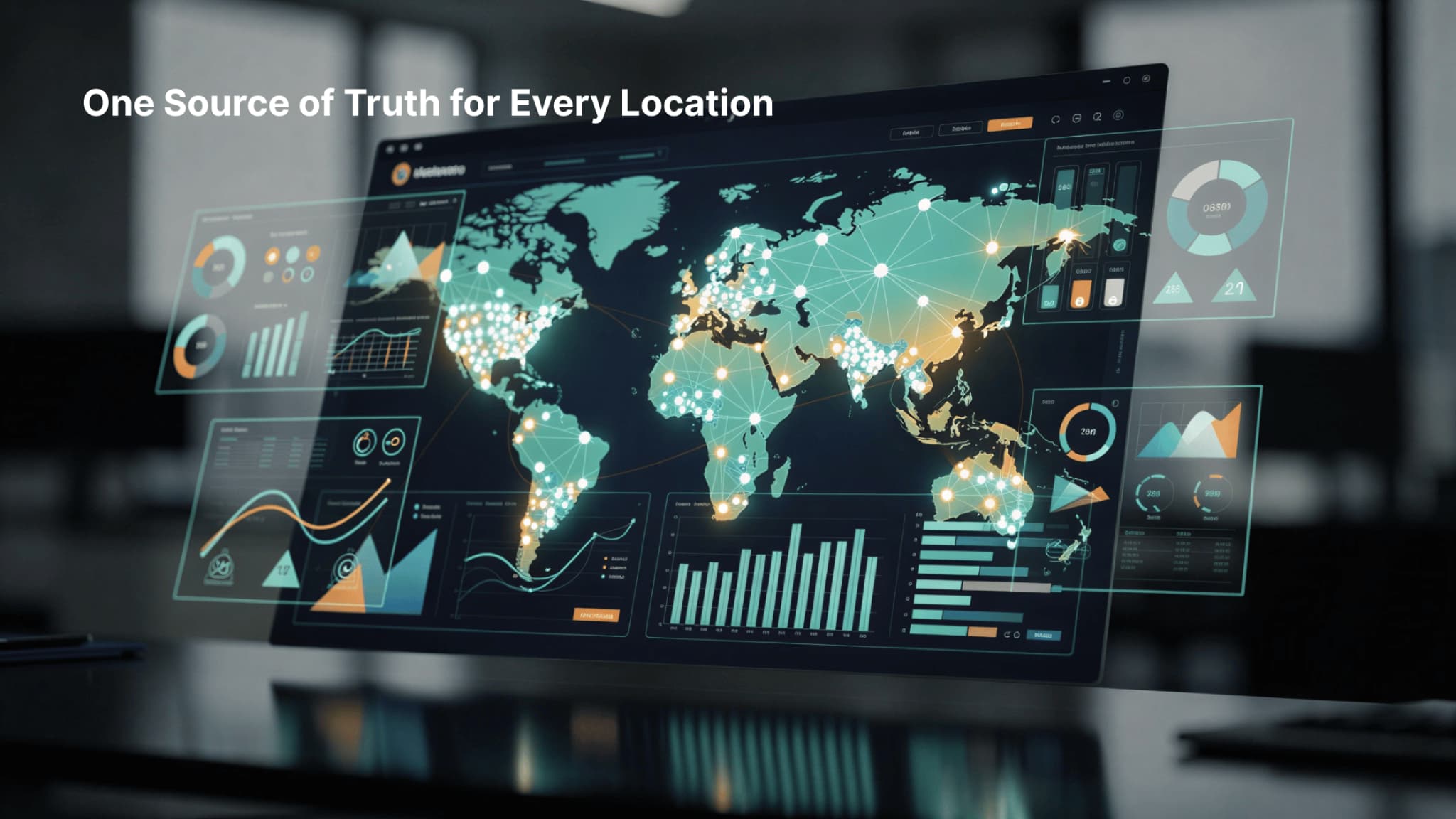 Cinematic dashboard showing centralized reporting and network insights from franchise management software