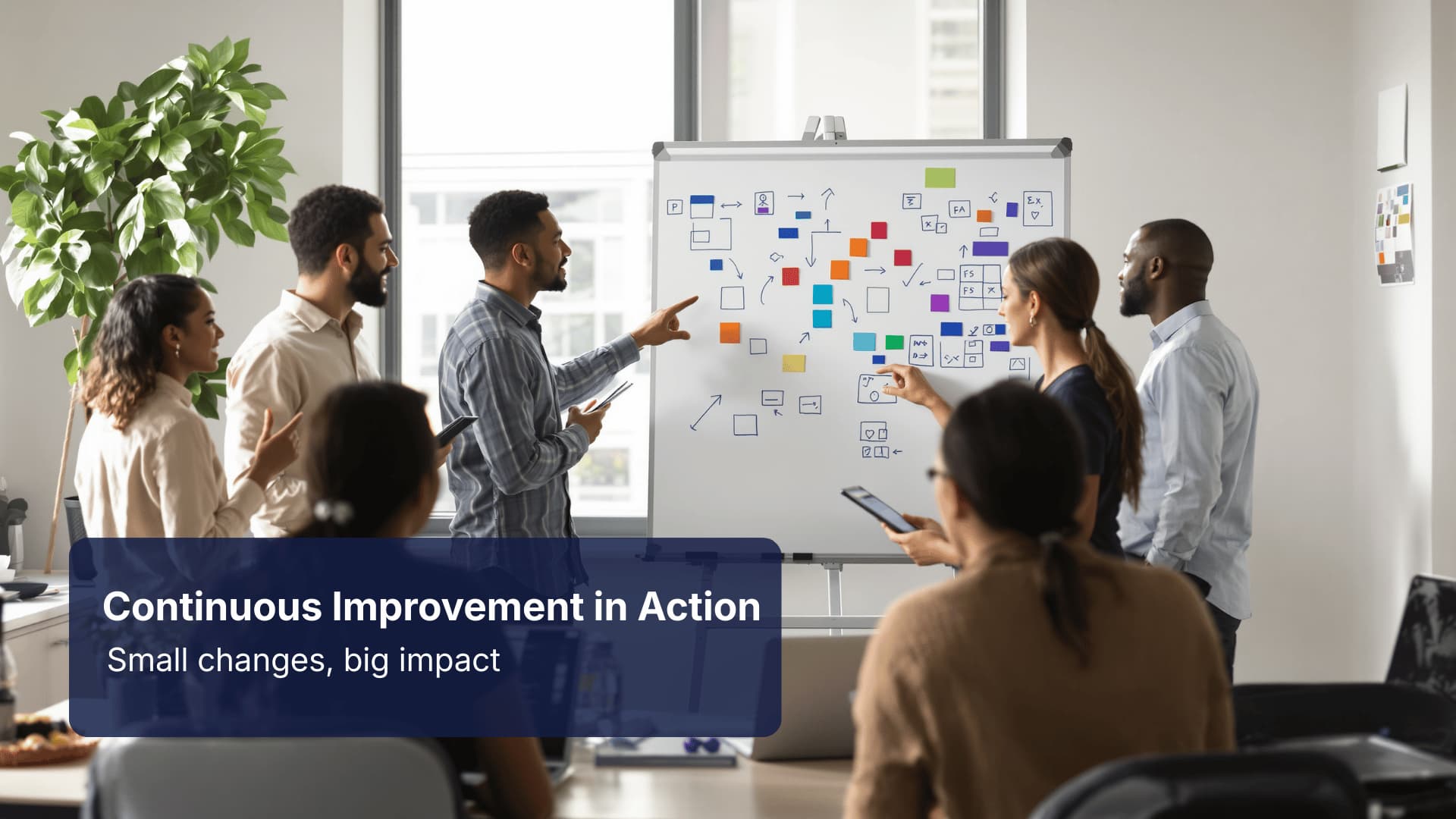 Team applying continuous improvement techniques using PDCA cycle