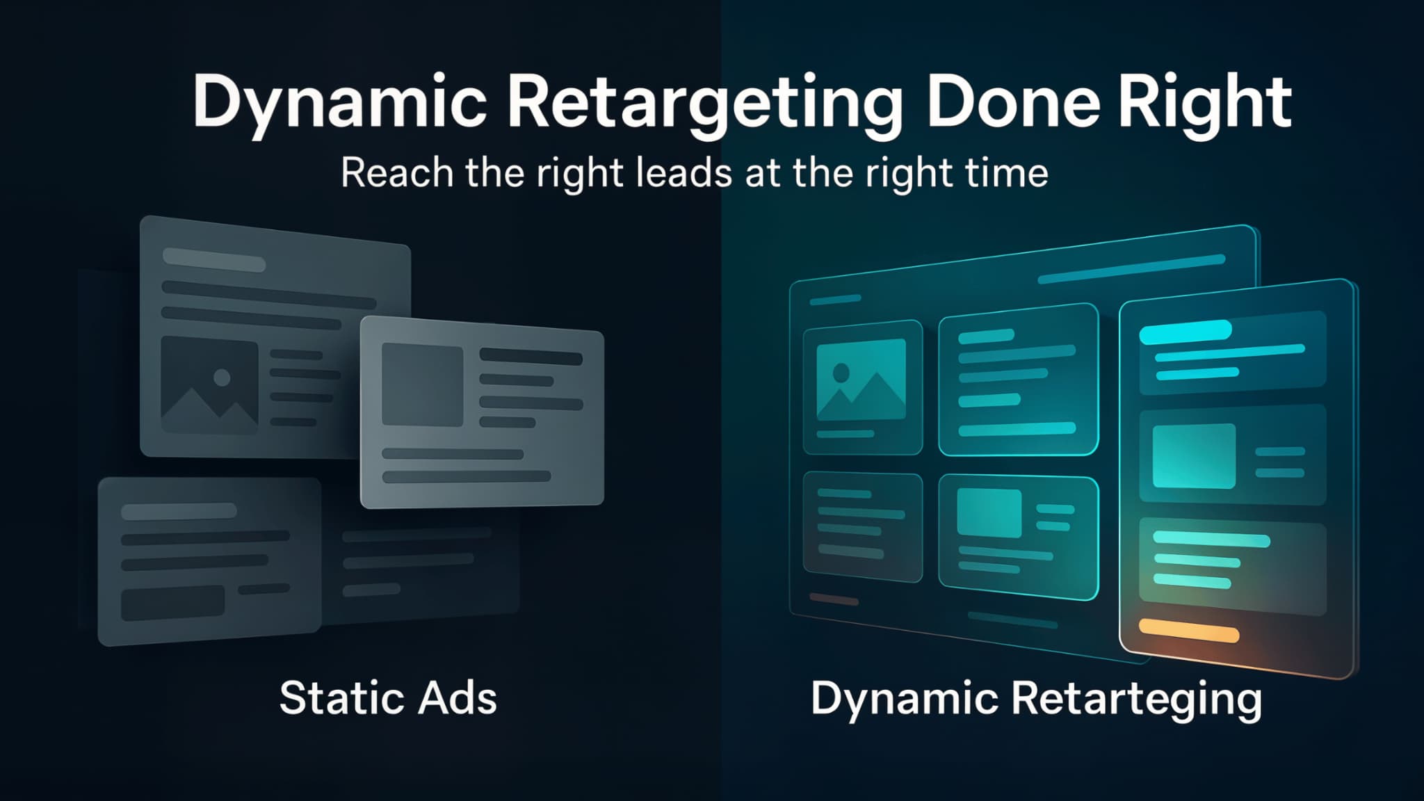 Cinematic split-screen showing static ads vs dynamic retargeting in marketing funnel automation