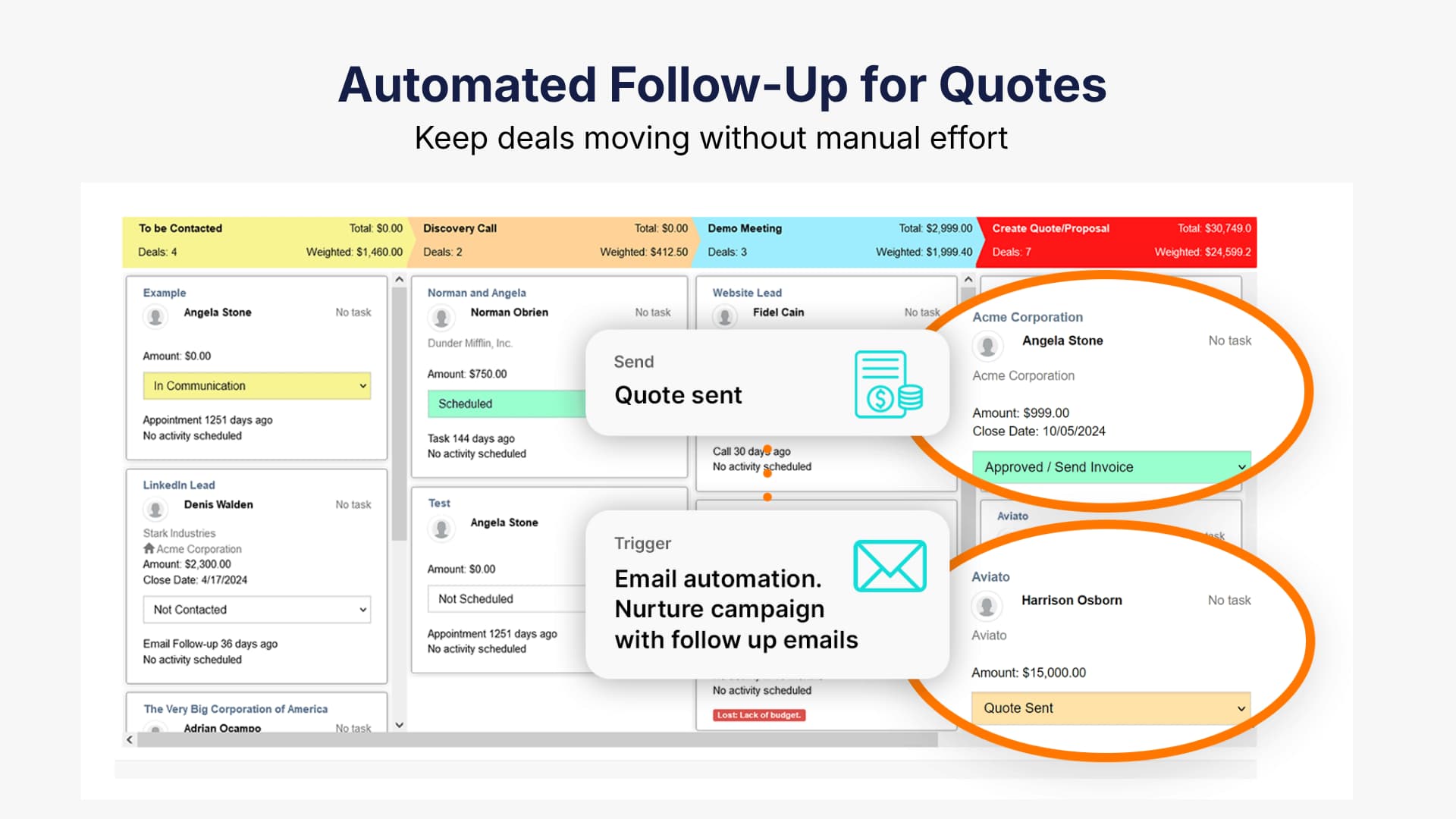 Pulse pipeline automation showing CRM with Quoting follow-up