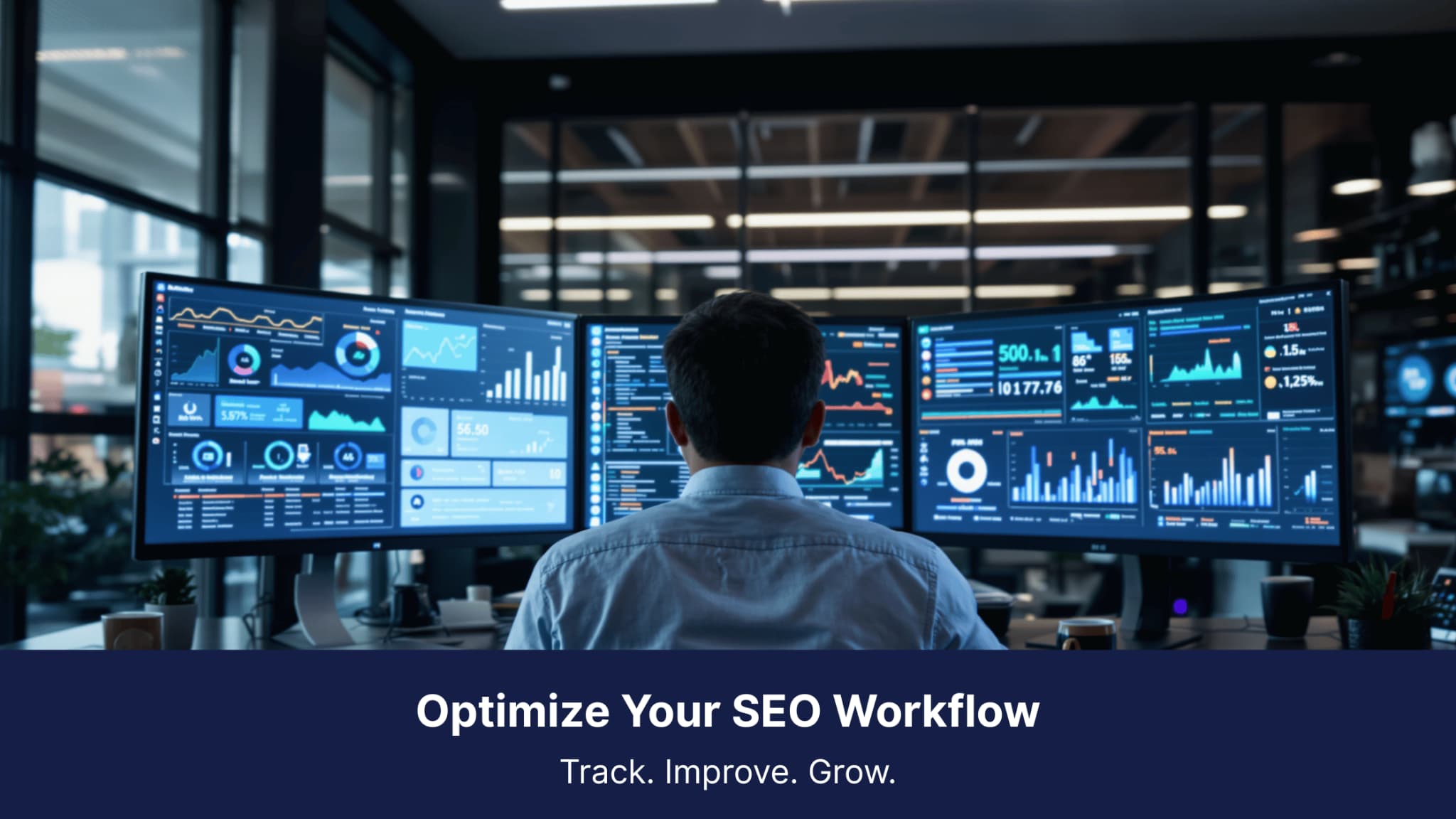 Marketing analyst reviewing SEO workflow dashboards and performance metrics