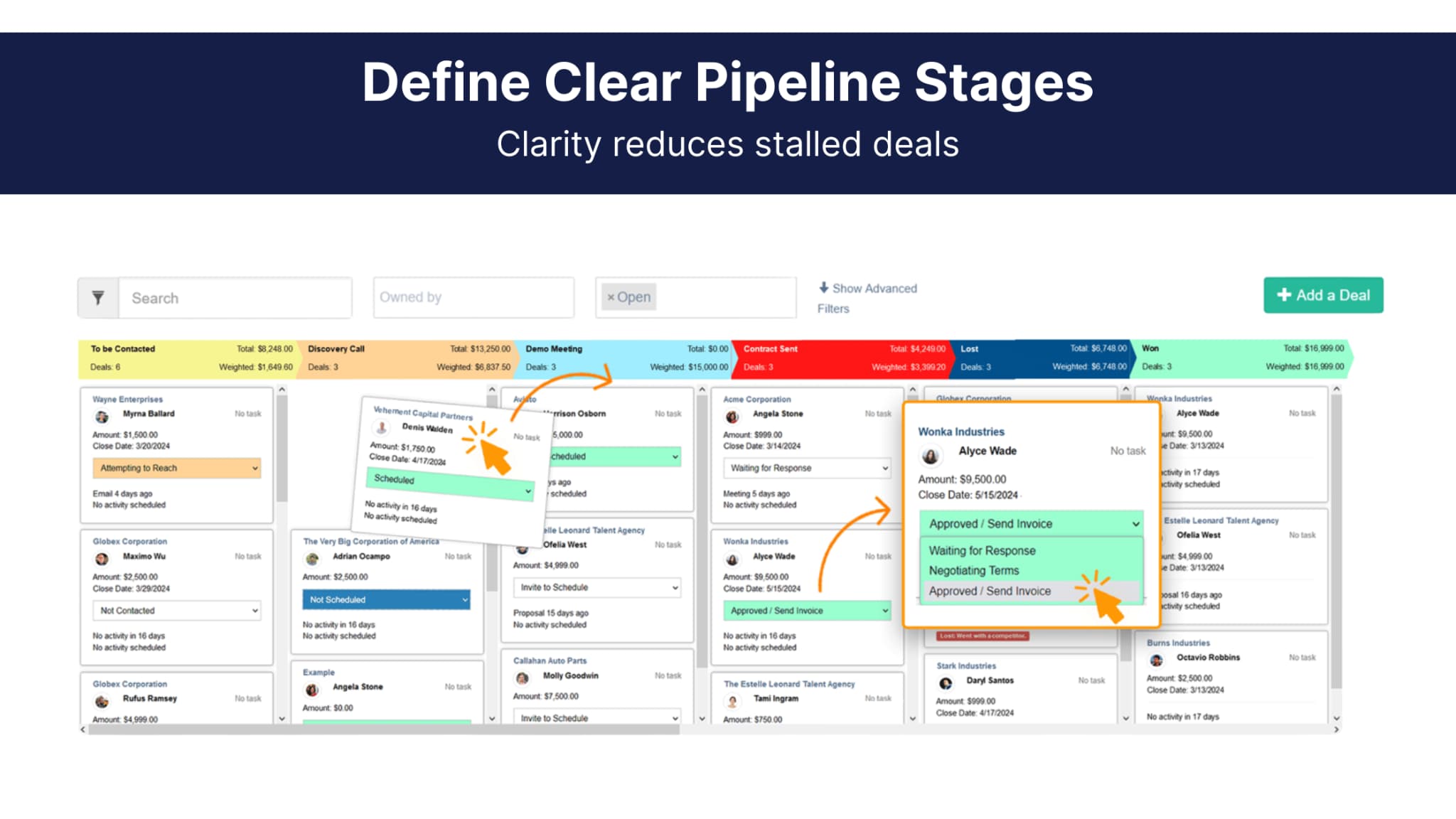 Pulse CRM screenshot highlighting clear sales pipeline stages