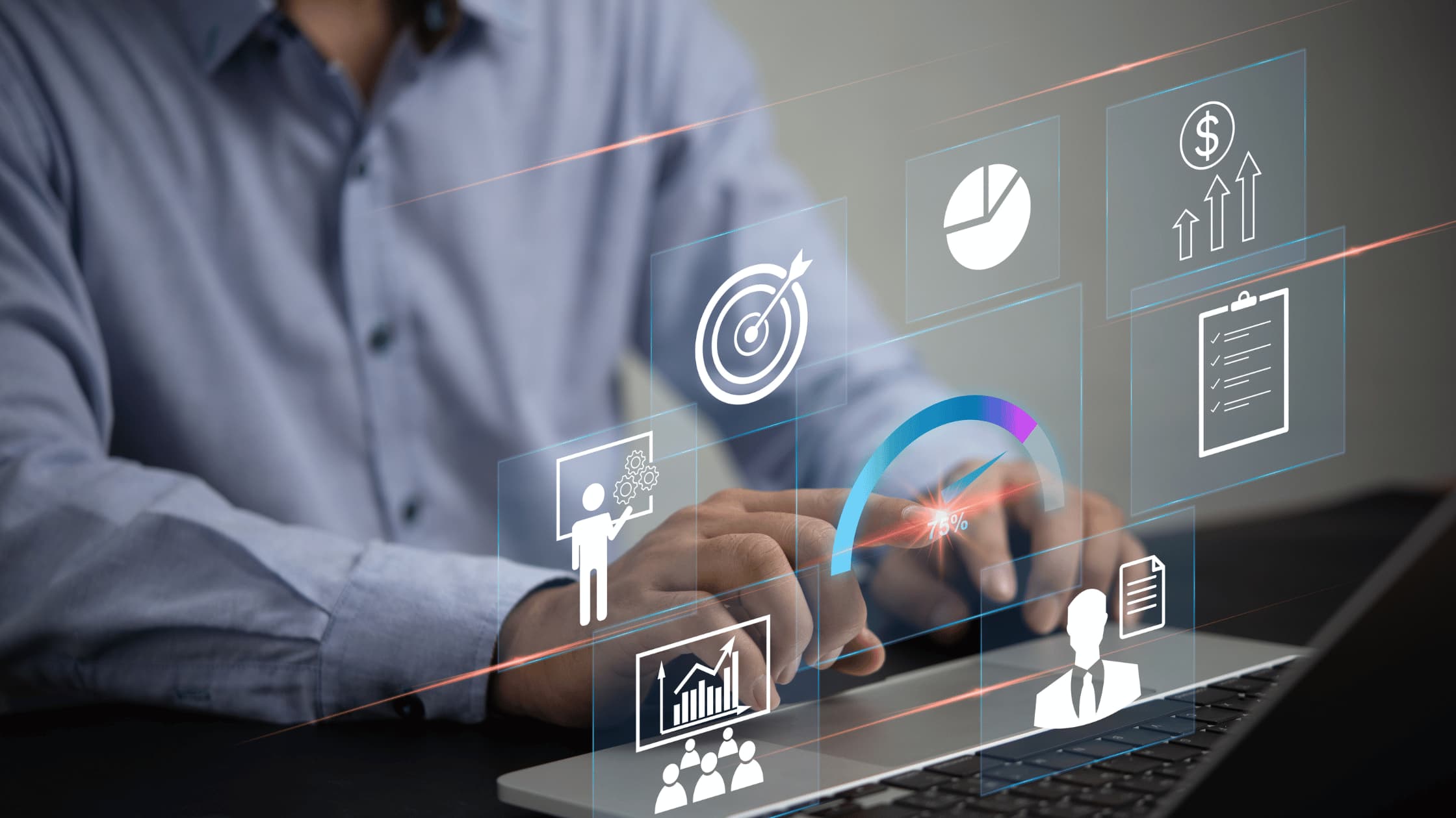 Professional using laptop with business performance dashboard