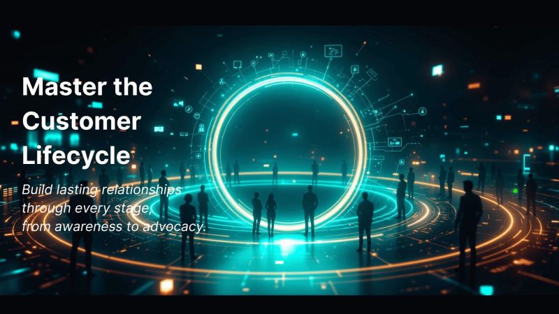 Cinematic visualization of people connected by glowing digital paths forming a lifecycle loop, symbolizing customer relationship flow