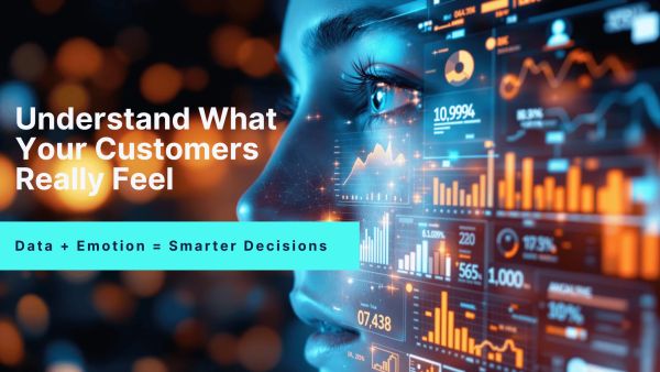 Close-up of a person’s face overlaid with analytics dashboards representing customer sentiment data