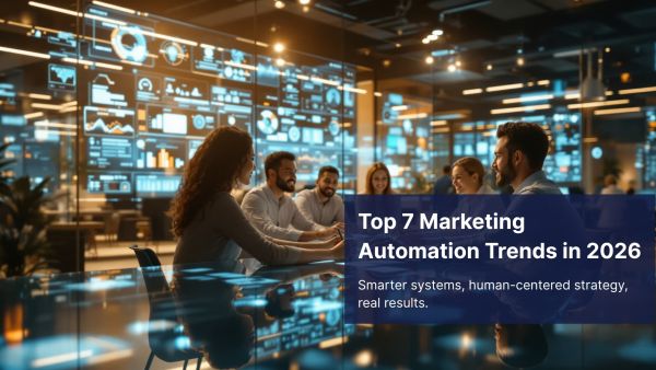 Team using marketing automation dashboards in 2026, futuristic interface