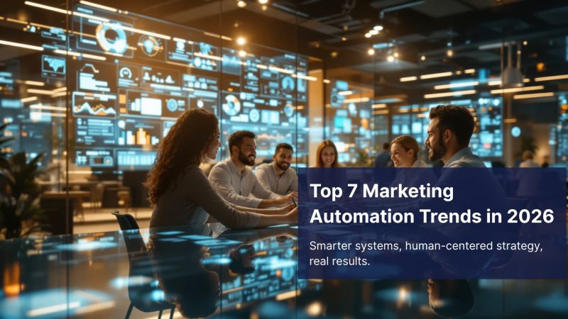 Team using marketing automation dashboards in 2026, futuristic interface