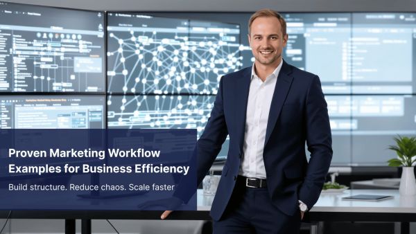Illustrated marketing workflow system showing connected channels for business efficiency