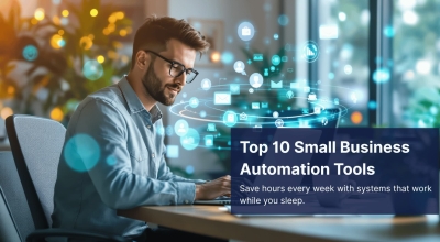 Small business owner using automation tools on a laptop in modern office