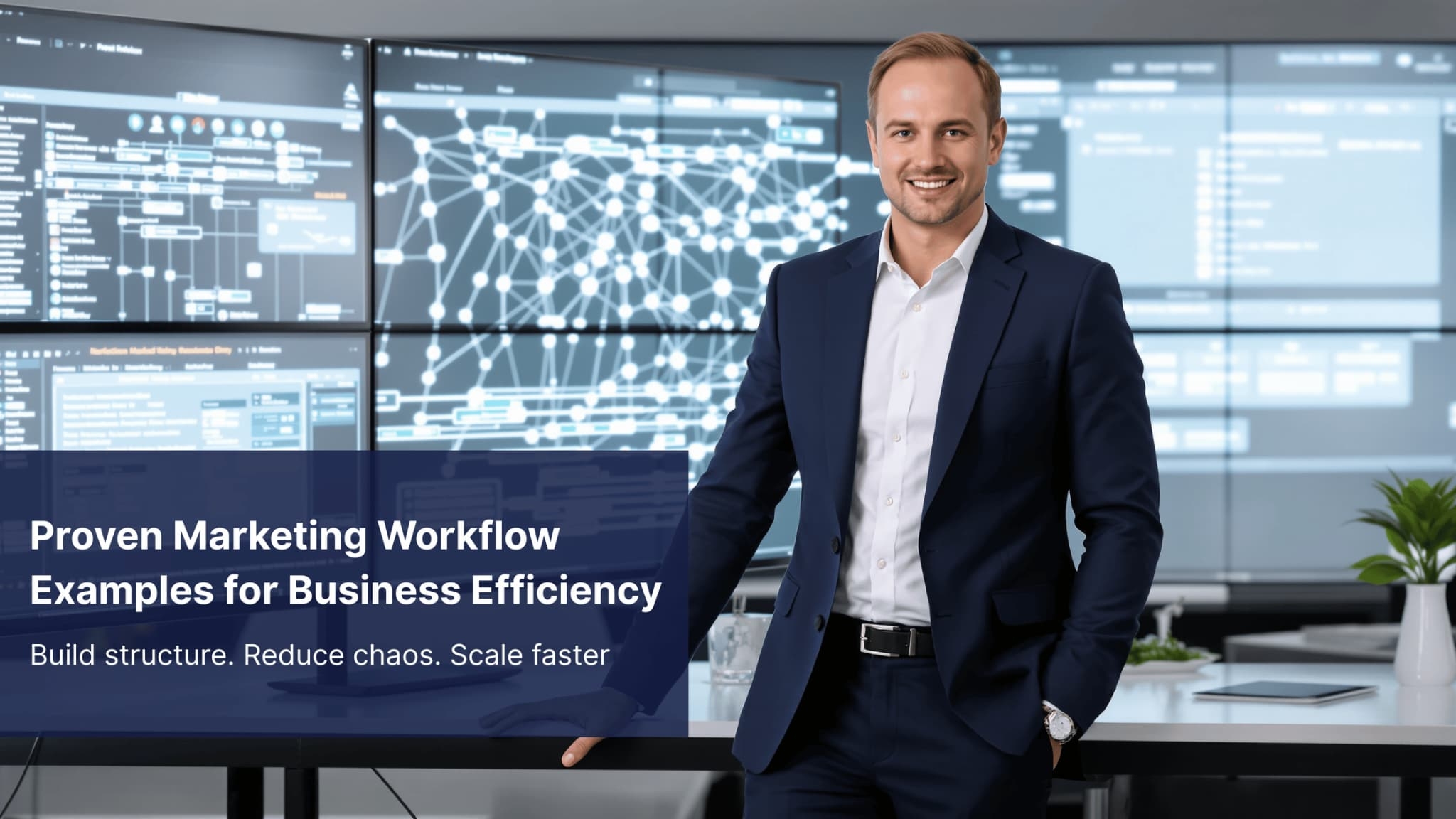 Illustrated marketing workflow system showing connected channels for business efficiency