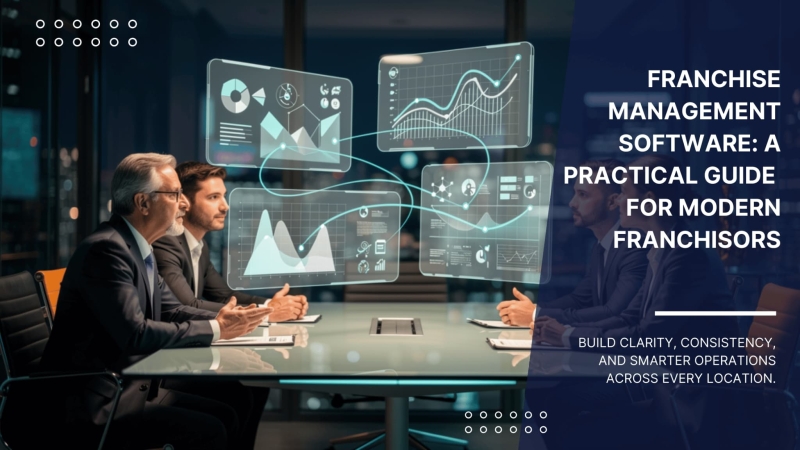 Hero graphic showing a team reviewing digital dashboards connected through franchise management software