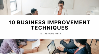 Team meeting with text 10 business improvement techniques