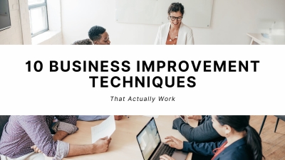 Team meeting with text 10 business improvement techniques