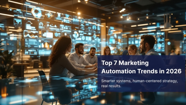 Team using marketing automation dashboards in 2026, futuristic interface