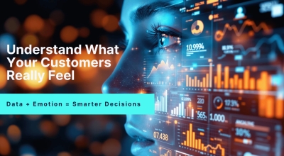 Close-up of a person’s face overlaid with analytics dashboards representing customer sentiment data