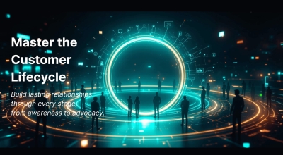 Cinematic visualization of people connected by glowing digital paths forming a lifecycle loop, symbolizing customer relationship flow